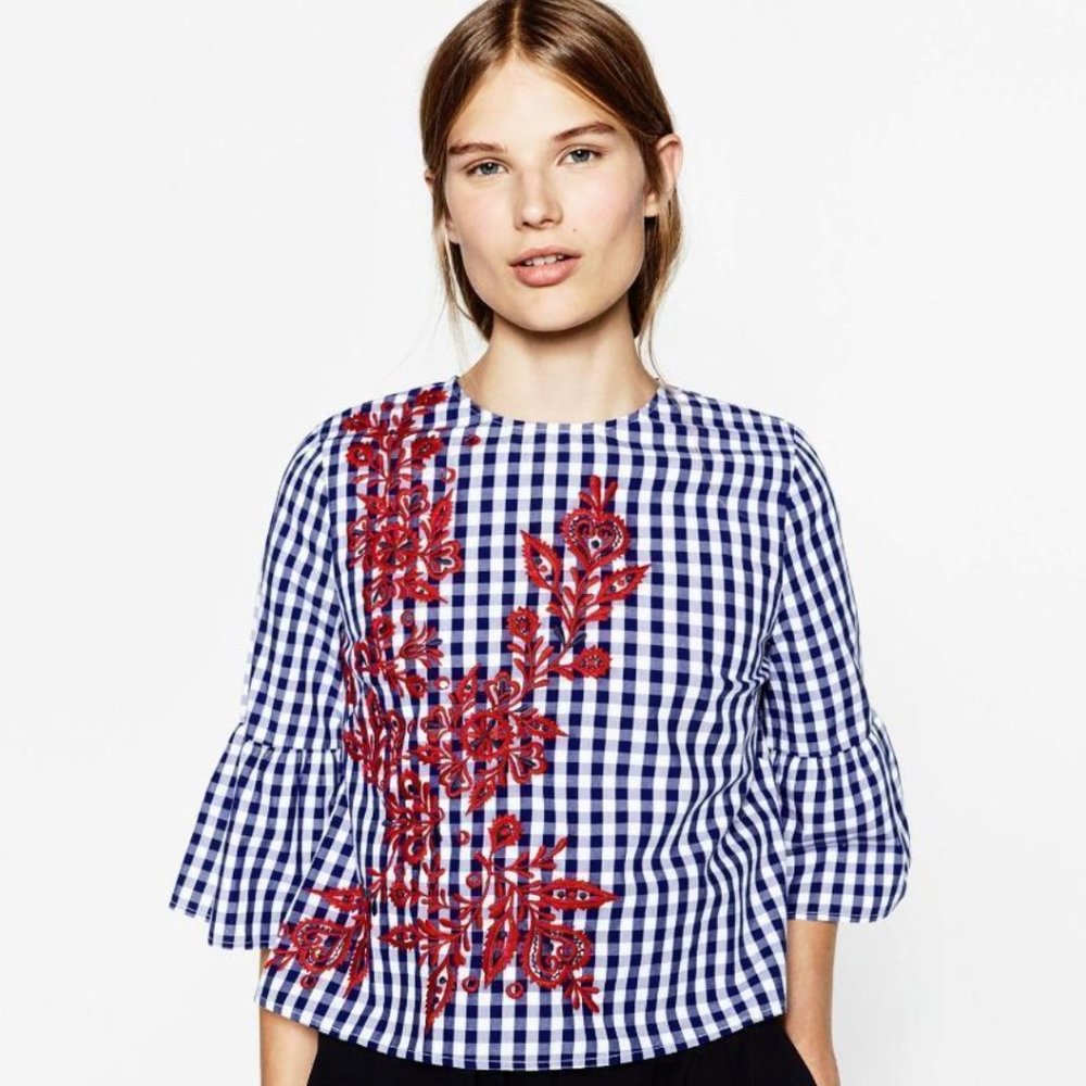 Zara Embroidered Cotton Floral Check Top Ruffle Sleeves Blue White Red Size S